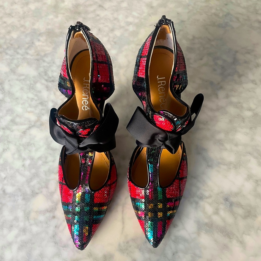 Sequin T-Strap Bow Pumps